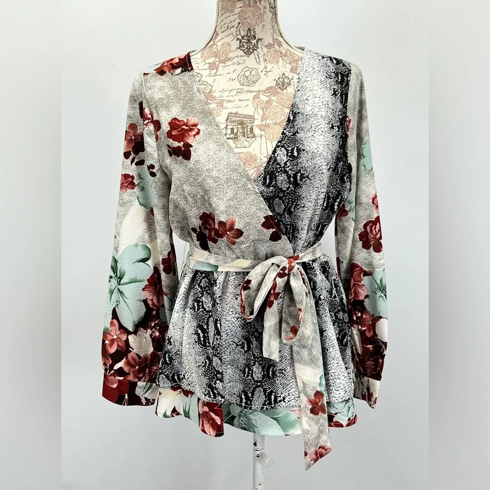 ODDY for ANTHROPOLOGIE Gray maroon floral faux wrap‎ balloon sleeve top size L
